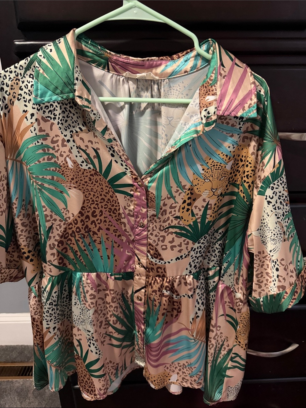 entro Tropical Leopard Button-Down Top in Green, Beige & Purple
